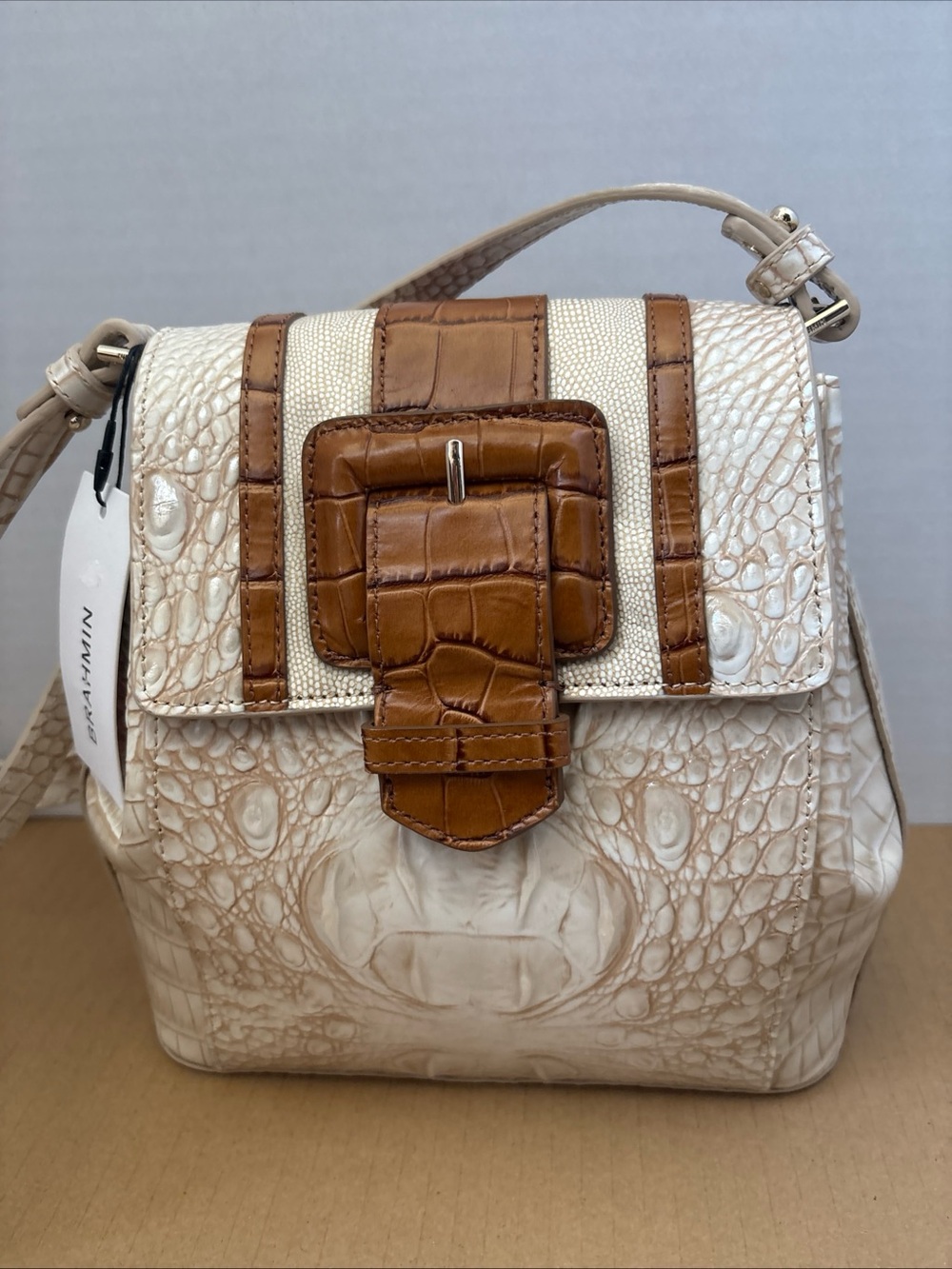 Brahmin Margo Ivory Helm Genuine Leather Crossbody Dust Bag & Tag New MSRP-$365